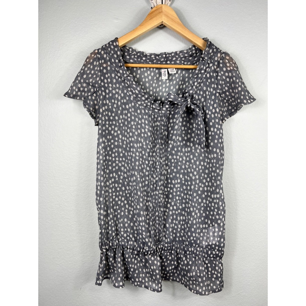 Esprit Blouse Womens S Grey Polka Dot Pleated Bow Neck Ruffle Hem Top